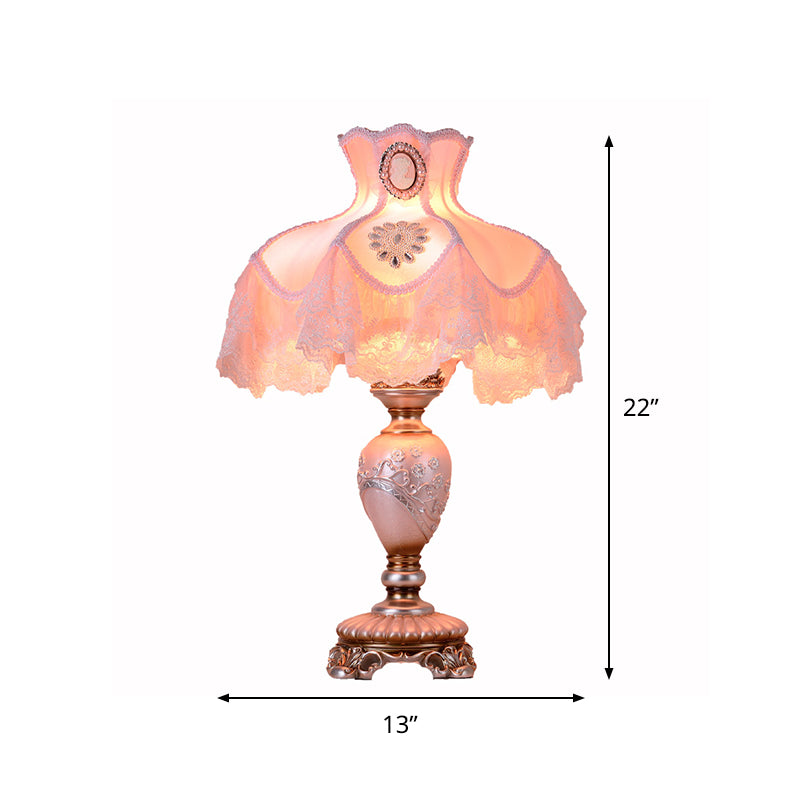 Lampada da comodino da soggiorno in resina coreana con vaso di fiori a 1 lampadina in rosa con finiture in pizzo