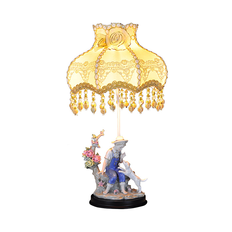 BEIGE Ruffle Edge Lampone Pastoral 1 Luce Light Night Light With Ceramic Boy and Dog