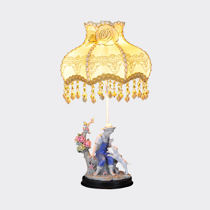 BEIGE Ruffle Edge Lampone Pastoral 1 Luce Light Night Light With Ceramic Boy and Dog
