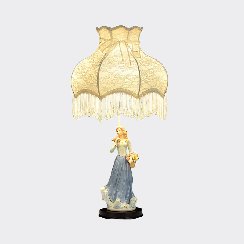 Single Bedroom Night Lighting Countryside White Table Lamp with Fabric Shade and Ceramic Girl Decor