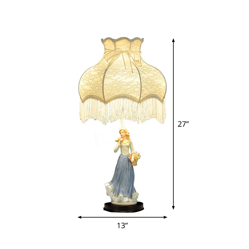 Single Bedroom Night Lighting Countryside White Table Lamp with Fabric Shade and Ceramic Girl Decor