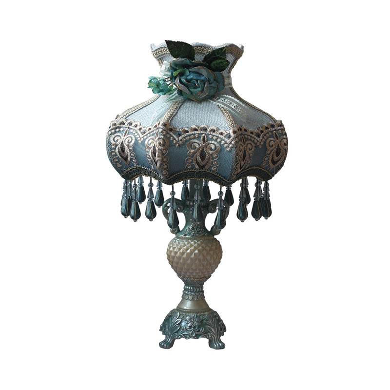 Peacock Blue Vase Night Light Vintage 1 Éclairage de table de chevet de résine Bulbe avec ombre en tissu
