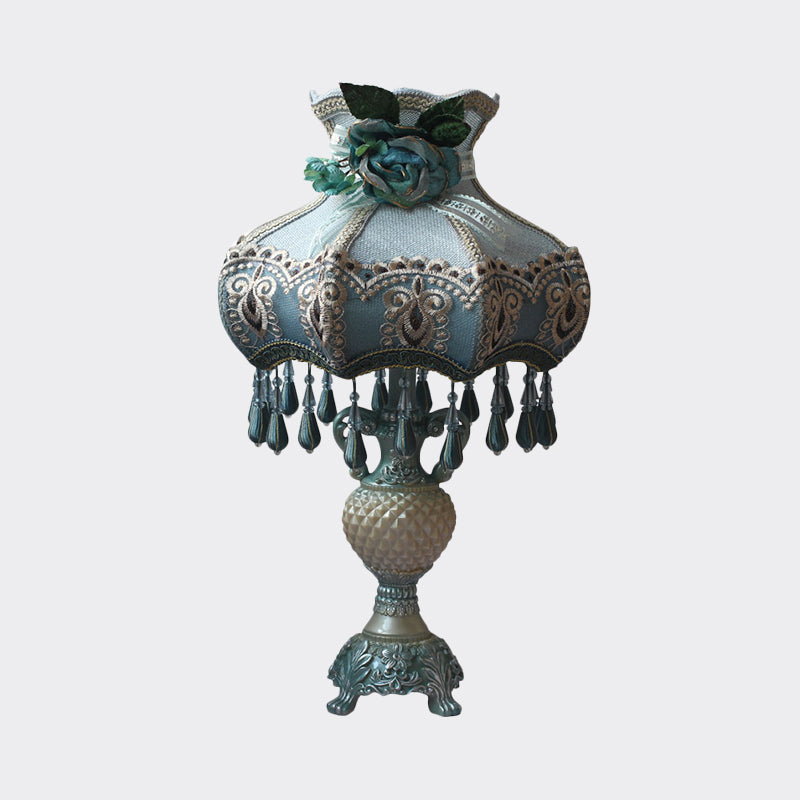 Peacock Blue Vase Night Light Vintage 1 Éclairage de table de chevet de résine Bulbe avec ombre en tissu