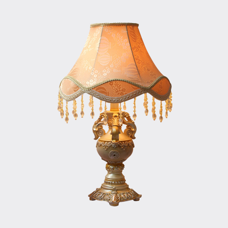 Apricot Bell Nightstand Lamp Countryside 1-Head Fabric Night Light with Draping and Resin Base