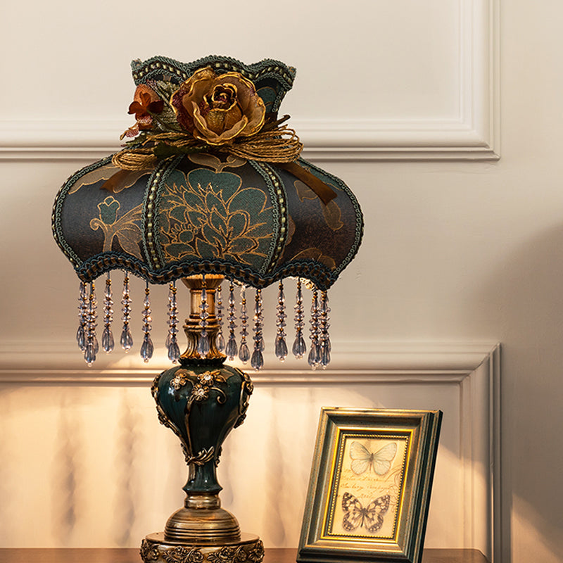 Vintage urn hars nachtlampje 1 lamp tafellamp in donkerblauw met stofschaduw en gesneden ontwerp