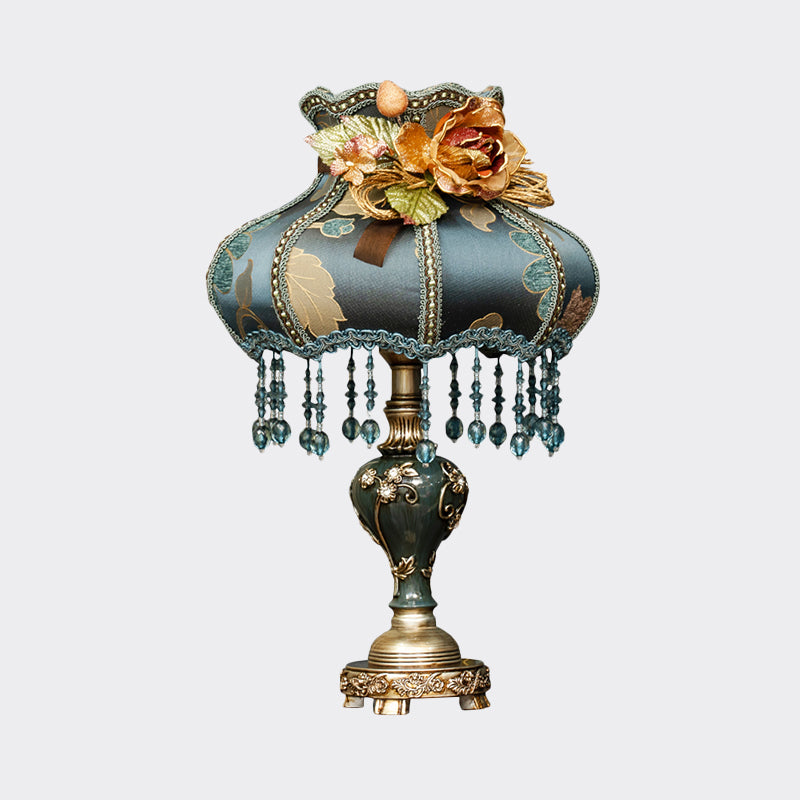 Vintage urn hars nachtlampje 1 lamp tafellamp in donkerblauw met stofschaduw en gesneden ontwerp