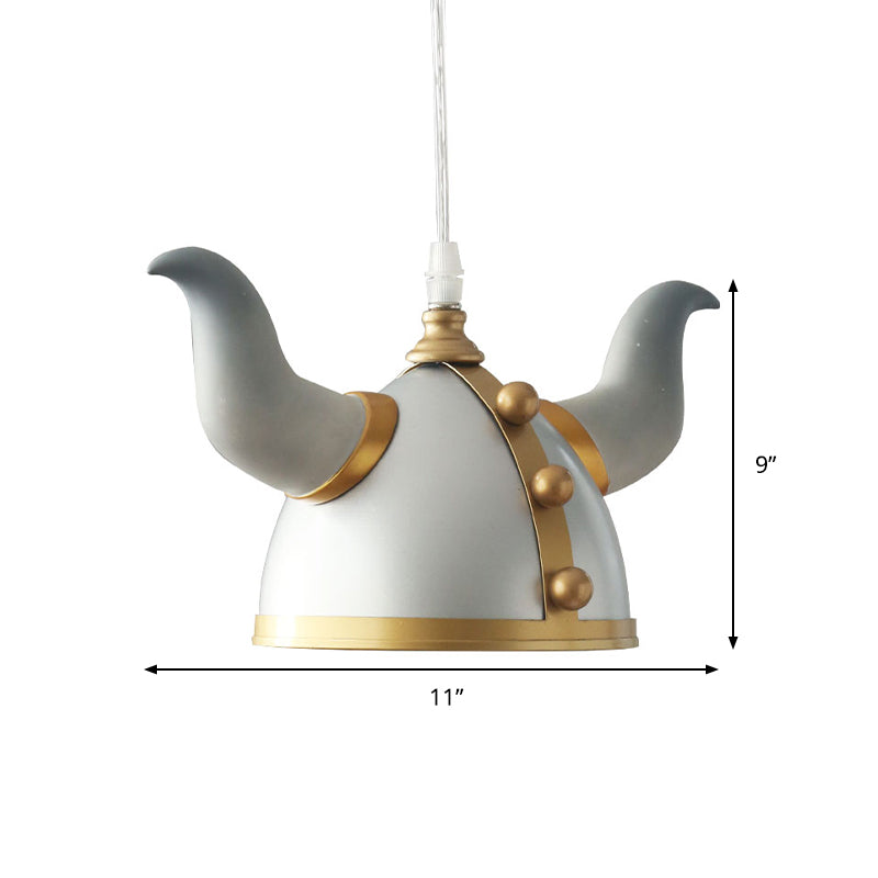 Ox Horn Helmet Hanging Light Fixture Nordic Metal Single Bulb Gray Pendant Lamp for Bedroom