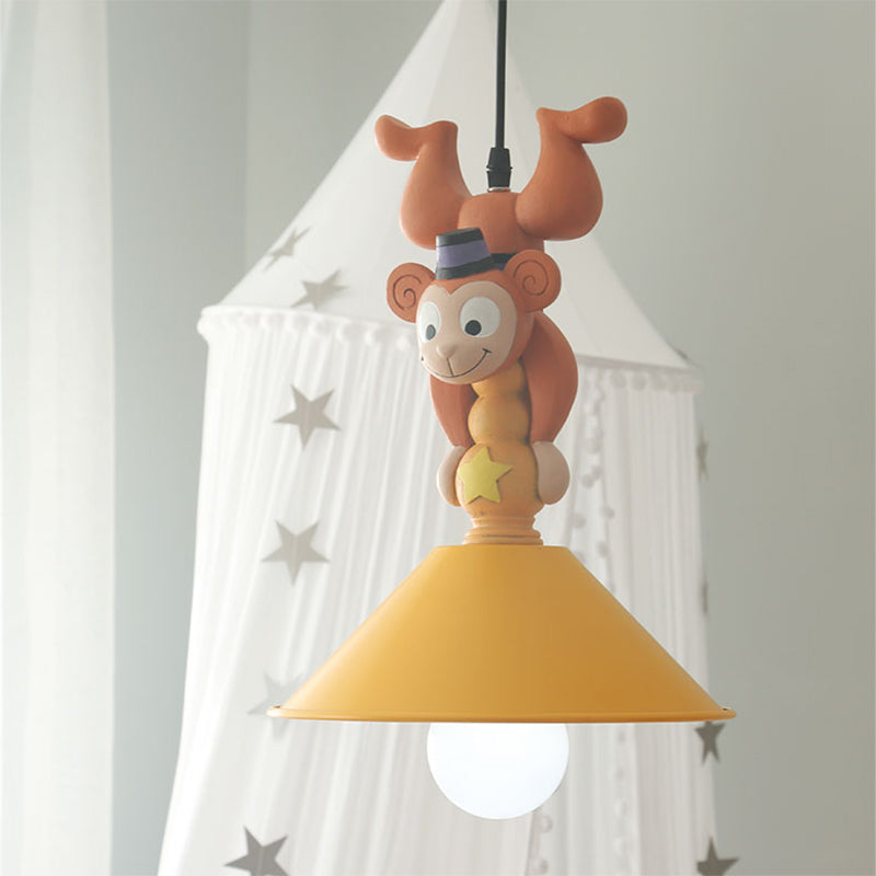 Kids Cartoon Monkey Ceiling Light Resin 1/3 Lamps Bedroom Hanging Pendant in Yellow with Cone Shade