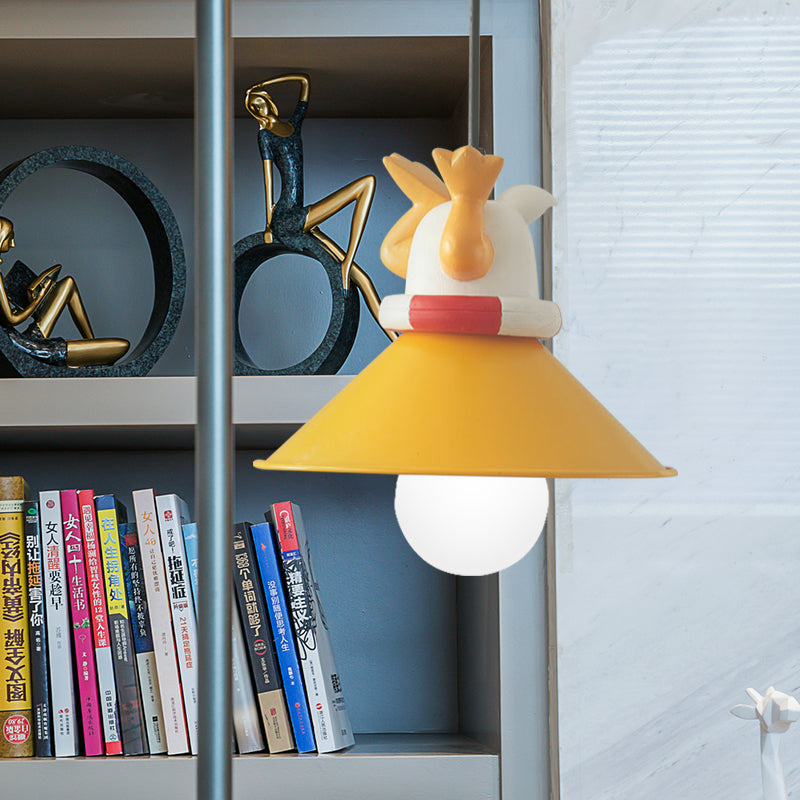 Yellow Animals Hanging Lamp Kit Cartoon Single Bulb Resin Pendant Lighting with Conic Shade
