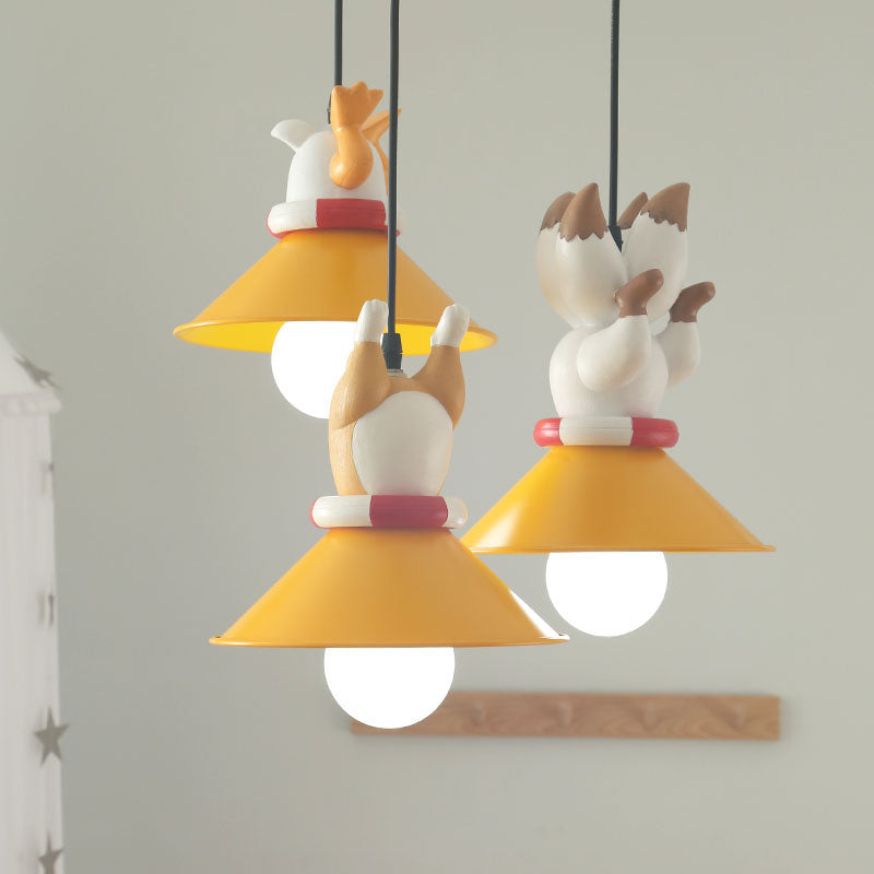 Metal Cone Multi Ceiling Light Cartoon 3 Bulbs Yellow Pendant Light Fixture with Animals Resin Deco