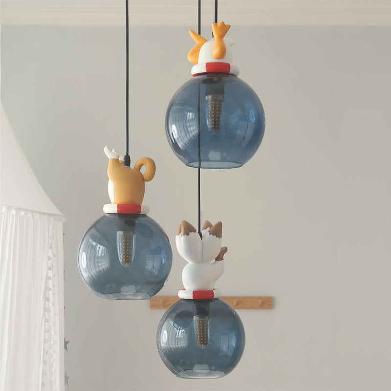 Cartoon Animals Resin Multi Pendant Light Kids 3 Heads Blue Hanging Ceiling Light for Bedroom