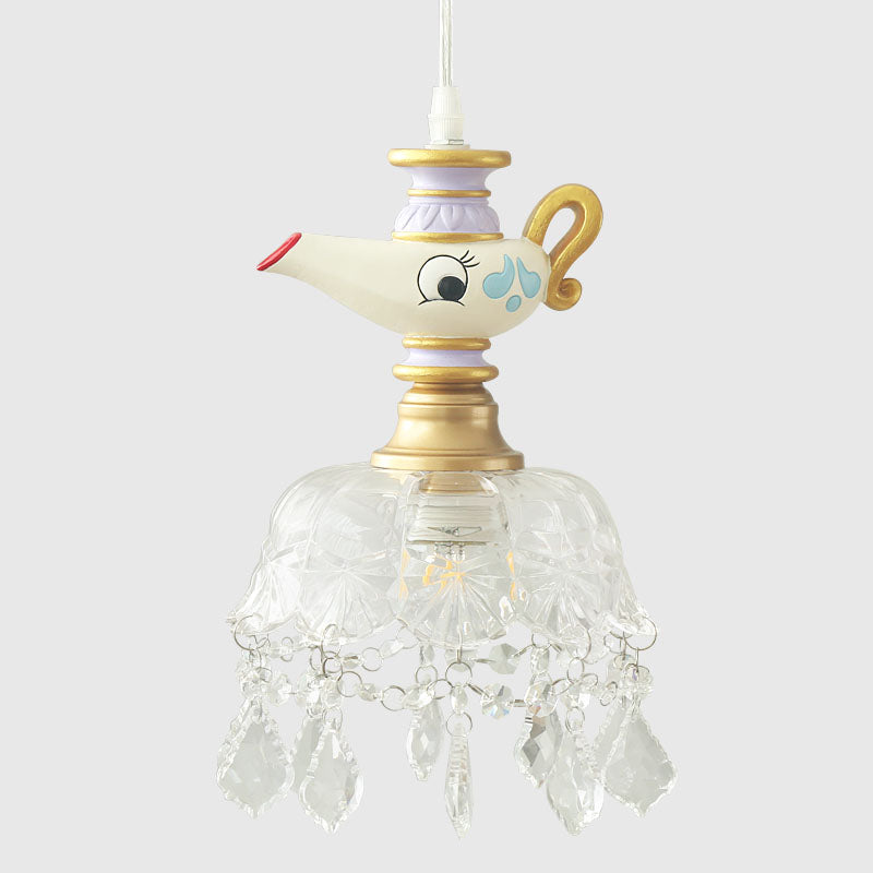 White Teapot Pendant Light Kids 1/4 Lights Clear Glass Hanging Ceiling Light for Bedroom