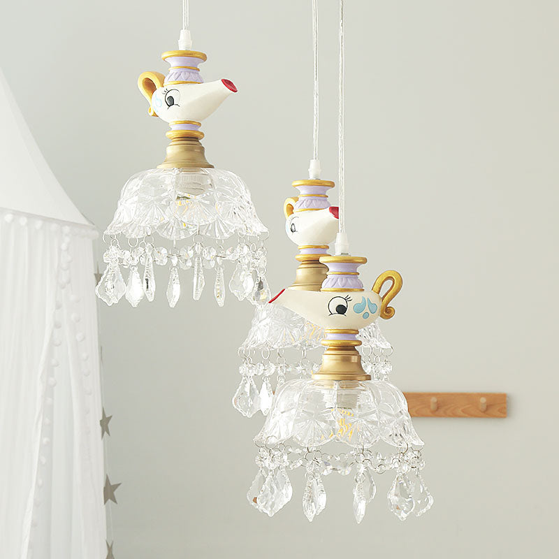 White Teapot Pendant Light Kids 1/4 Lights Clear Glass Hanging Ceiling Light for Bedroom