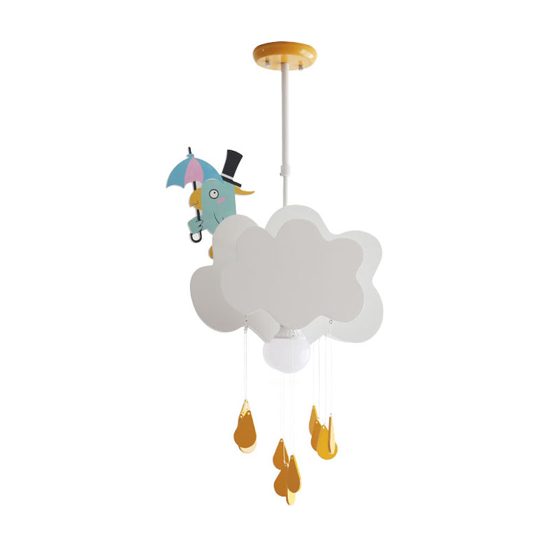 1 Head Bedroom Hanging Ceiling Light Kids White Pendant Light with Cloud and Birds Wood Shade