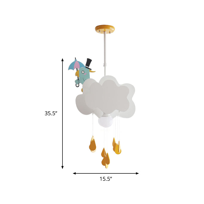 1 Head Bedroom Hanging Ceiling Light Kids White Pendant Light with Cloud and Birds Wood Shade