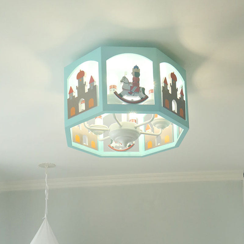 6 Heads Bedroom Semi-Flush Mount Macaron Green Ceiling Light Fixture with Octagon Metal Shade