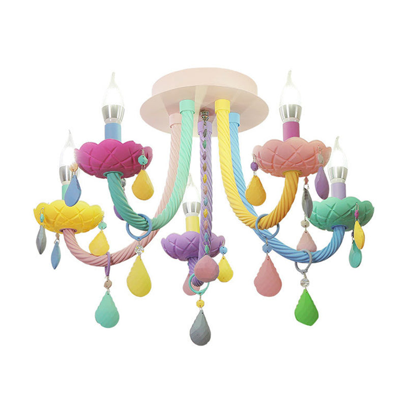 Candelabra Bedroom Semi-Flush Mount Metal 5/6 Lights Macaron Close to Ceiling Fixtures in Blue-Pink-Yellow