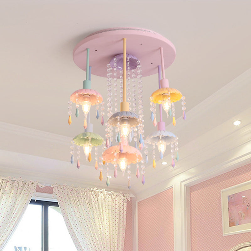 Scallop Shade Ceiling Light Macaron Metal 7 Lights Pink Semi-Flush Mount Light for Bedroom with Crystal Drop