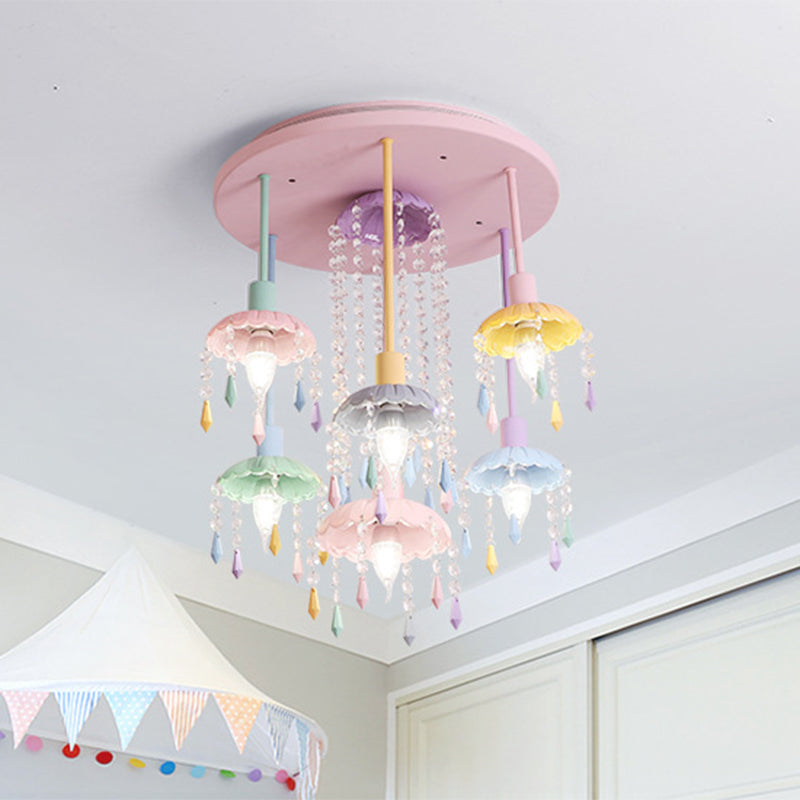 Scallop Shade Ceiling Light Macaron Metal 7 Lights Pink Semi-Flush Mount Light for Bedroom with Crystal Drop