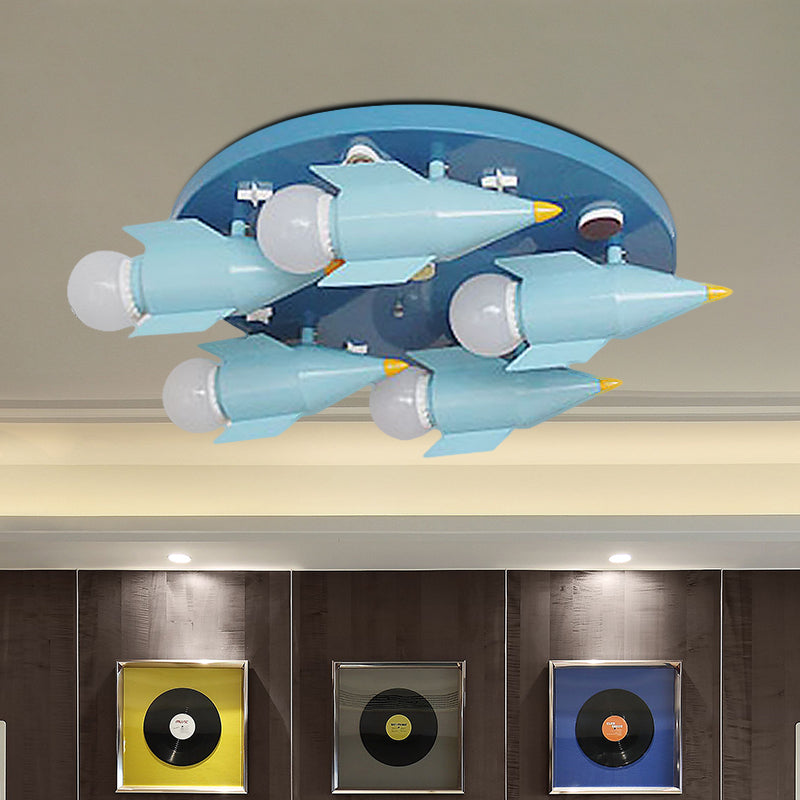 Macaron Rocket Ceiling Mounted Fixture Metal 5 Heads Bedroom Semi-Flush Chandelier Lighting in Blue