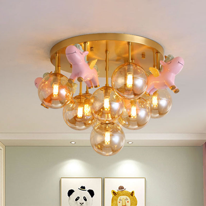 Metal Cartoon Pony Lámpara de montaje semi-flush Macaron 9 cabezas Luz de techo dorado con sombra de vidrio ámbar global