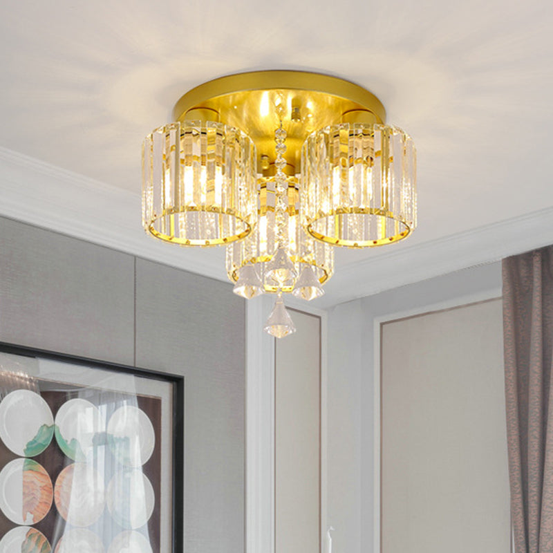 Crystal Prism Gold Finish Ceiling Light Cylindrical 3/5-Head Mid Century Semi Flush Mount Chandelier