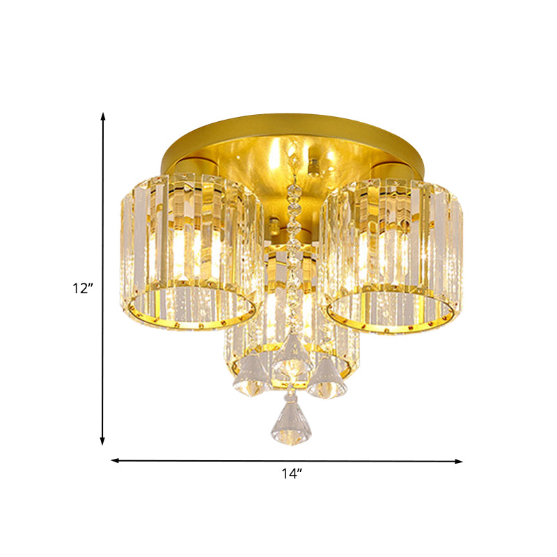 Crystal Prism Gold Finish Ceiling Light Cylindrical 3/5-Head Mid Century Semi Flush Mount Chandelier