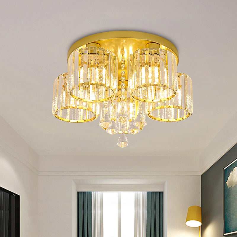 Crystal Prism Gold Finish Ceiling Light Cylindrical 3/5-Head Mid Century Semi Flush Mount Chandelier