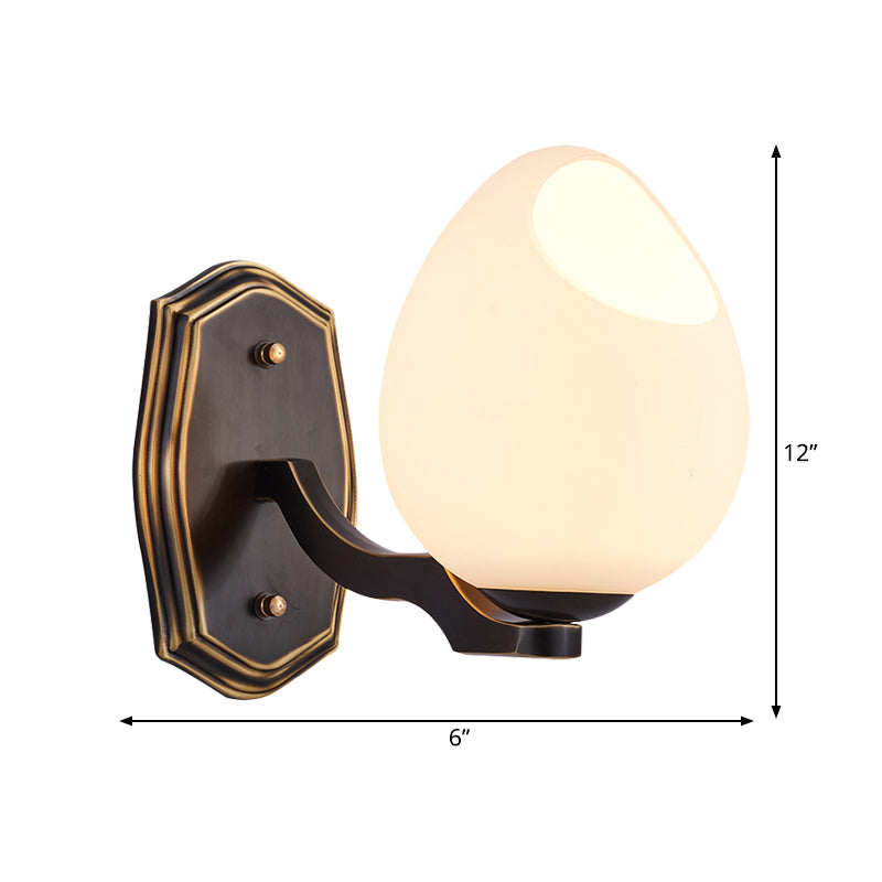 Traditionalist Egg-Like Wall Sconce Lighting 1 Light White Frosted Glass Wall Lamp in Black