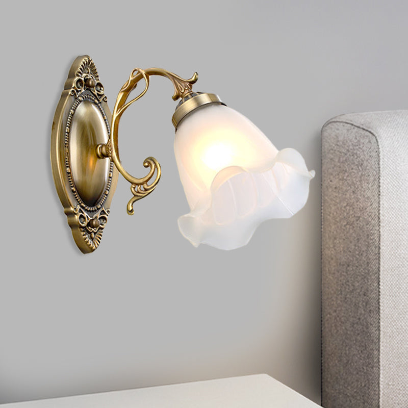 1 Light Opal Glass Wall Lighting Idea Traditional Brass/Bronze Finish Flower Indoor Wall Mount Lamp
