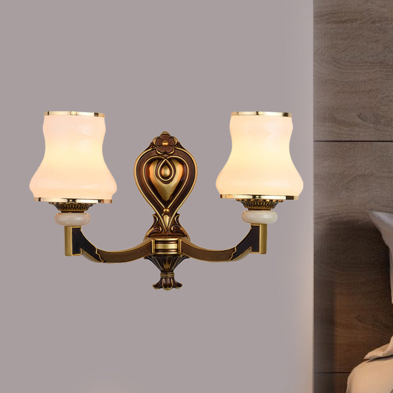 Frosted Glass Urn Shaped Wall Lamp Vintage Style 1/2-Bulb Living Room Wall Mount Lighting in Brass