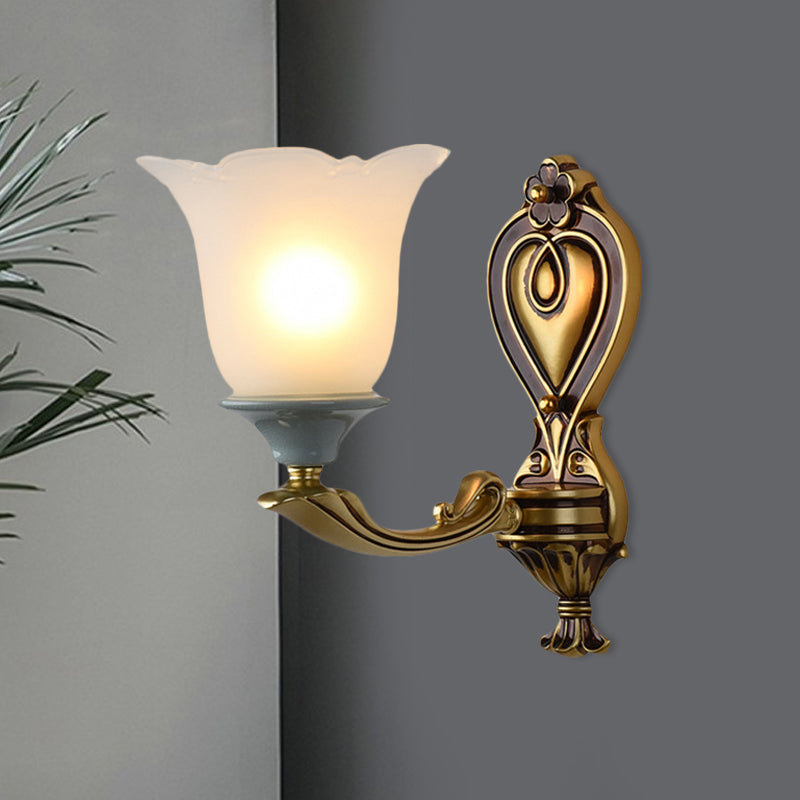 1/2-Head Wall Light Sconce Traditional Flower-Shape Opal Glass Up Wall Mount Lamp Fixture in Brass