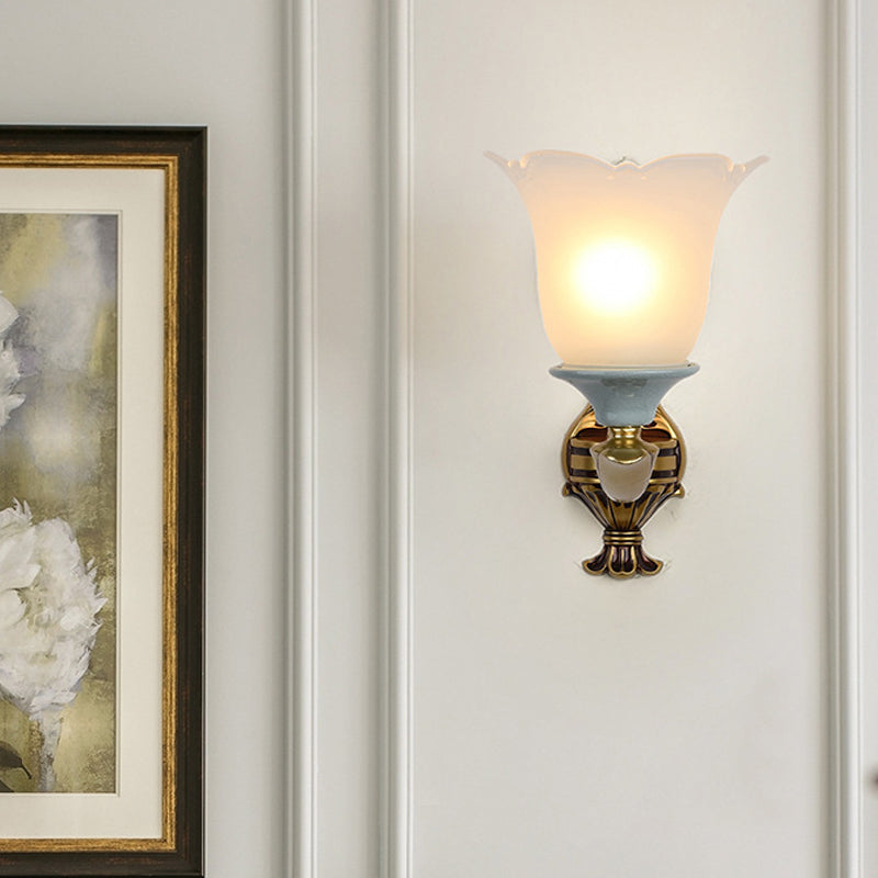 1/2-Head Wall Light Sconce Traditional Flower-Shape Opal Glass Up Wall Mount Lamp Fixture in Brass