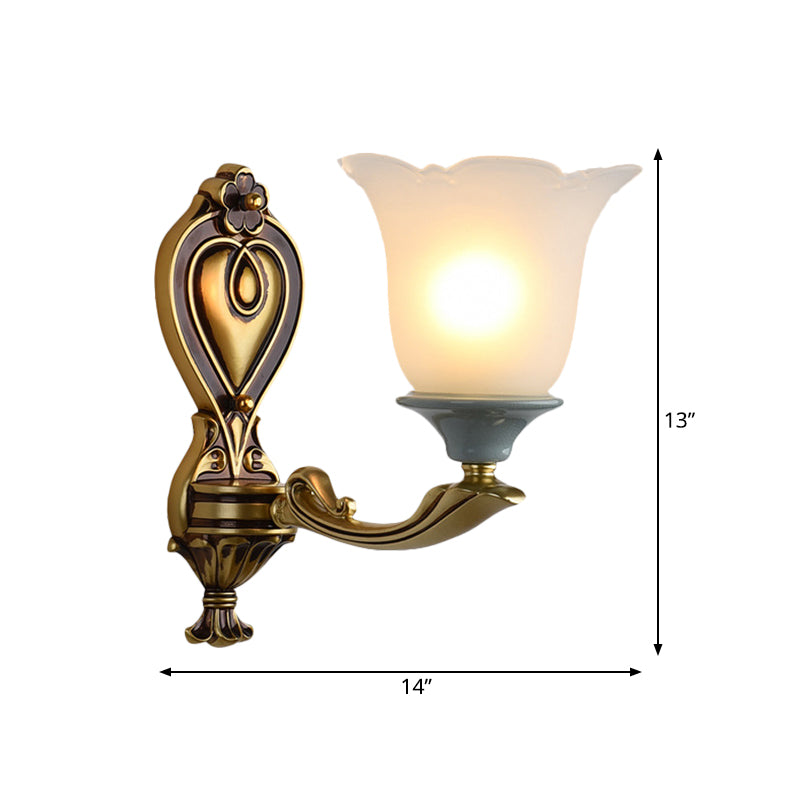 1/2-Head Wall Light Sconce Traditional Flower-Shape Opal Glass Up Wall Mount Lamp Fixture in Brass