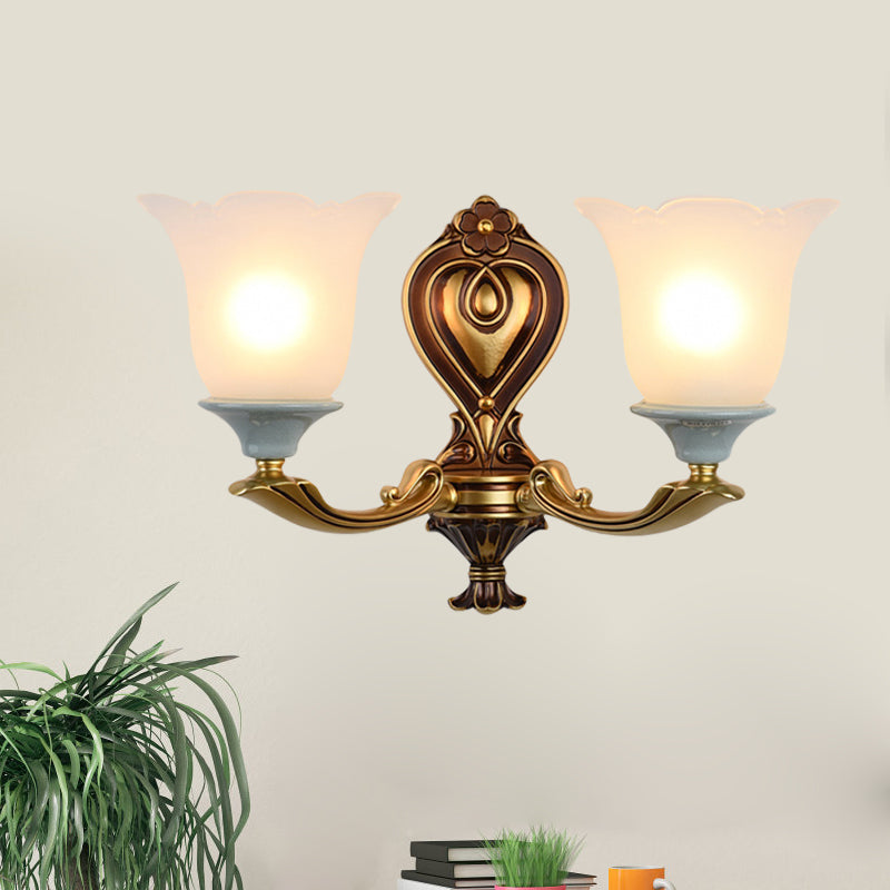 1/2-Head Wall Light Sconce Traditional Flower-Shape Opal Glass Up Wall Mount Lamp Fixture in Brass