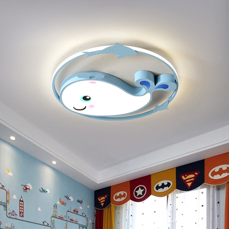 Macaroon Dinosaur/Fish Flush Mount Acrylic LED Nursery Close to Ceiling Lighting Fixture with Ring in Pink/Blue/Green