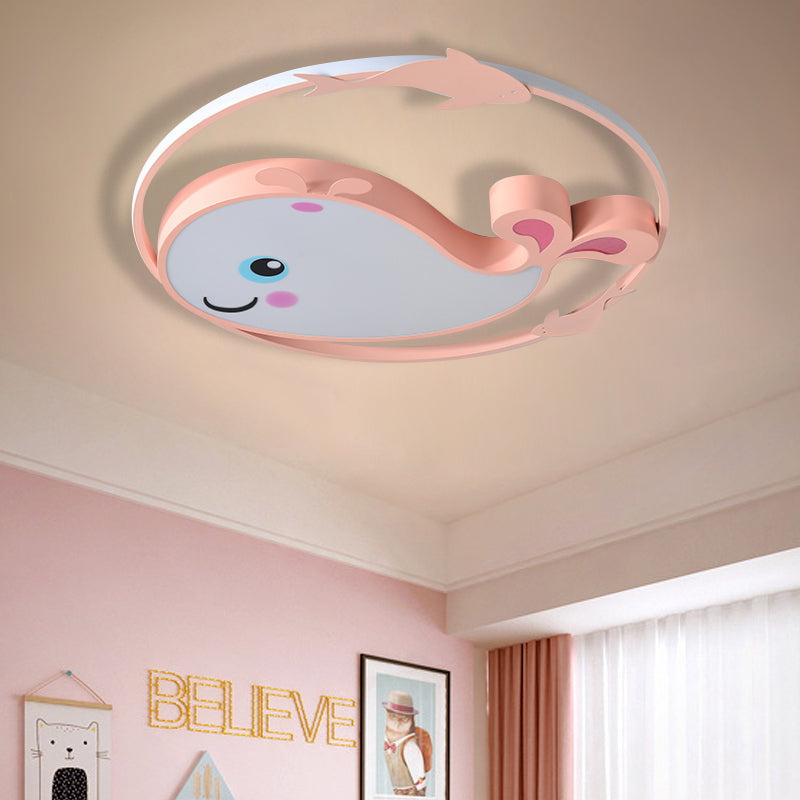 Macaroon Dinosaur/Fish Flush Mount Acrylic LED Nursery Close to Ceiling Lighting Fixture with Ring in Pink/Blue/Green