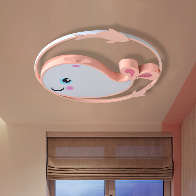 Macaroon Dinosaur/Fish Flush Mount Acrylic LED Nursery Close to Ceiling Lighting Fixture with Ring in Pink/Blue/Green