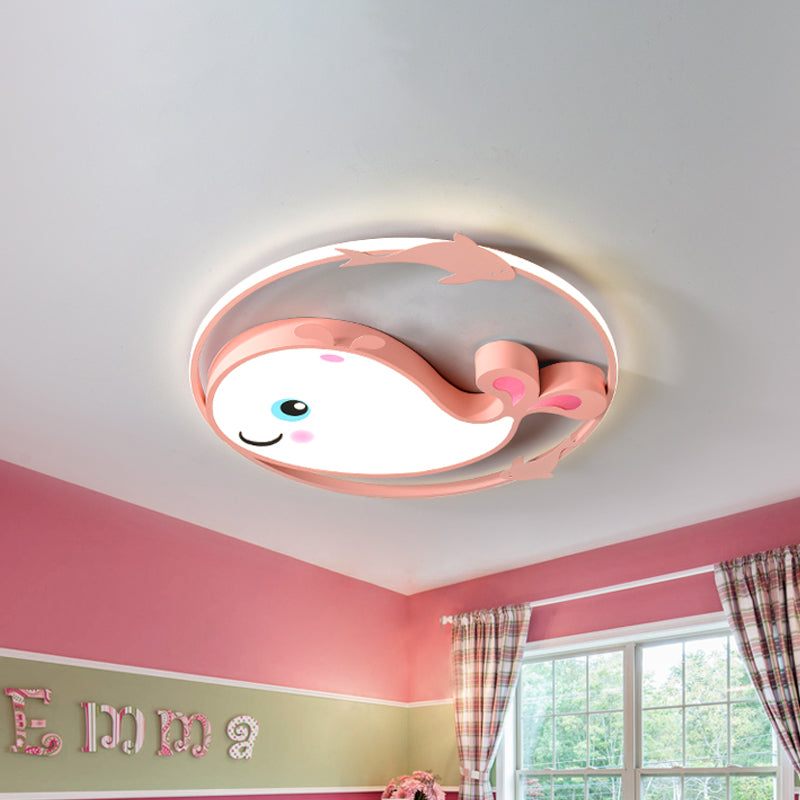 Macaroon Dinosaur/Fish Flush Mount Acrylic LED Nursery Close to Ceiling Lighting Fixture with Ring in Pink/Blue/Green