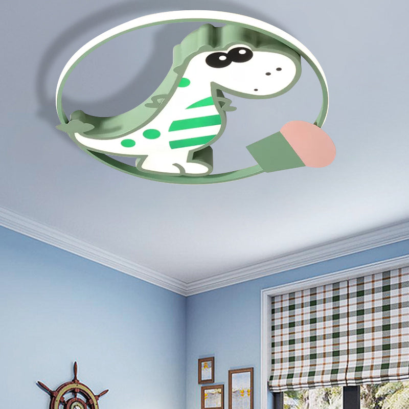 Macaroon Dinosaur/Fish Flush Mount Acrylic LED Nursery Close to Ceiling Lighting Fixture with Ring in Pink/Blue/Green