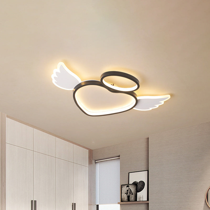 Black Heart with Wing Ceiling Fixture Nordic LED Acrylic Flush Mount Lighting in Warm/White Light for Bedroom