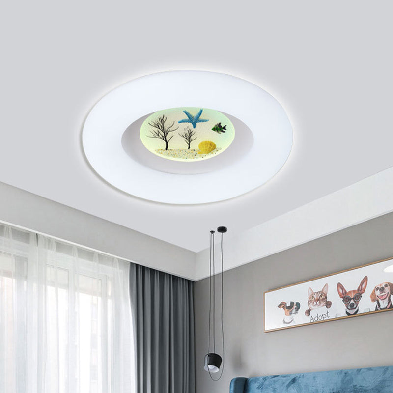 White Ring Ceiling Mounted Fixture Kids LED Acrylic Flush Mount with Ocean Pattern for Living Room