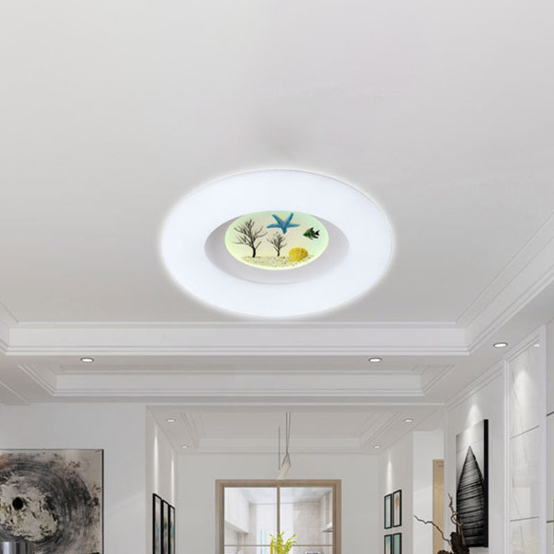 White Ring Ceiling Mounted Fixture Kids LED Acrylic Flush Mount with Ocean Pattern for Living Room