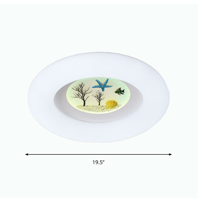 White Ring Ceiling Mounted Fixture Kids LED Acrylic Flush Mount with Ocean Pattern for Living Room