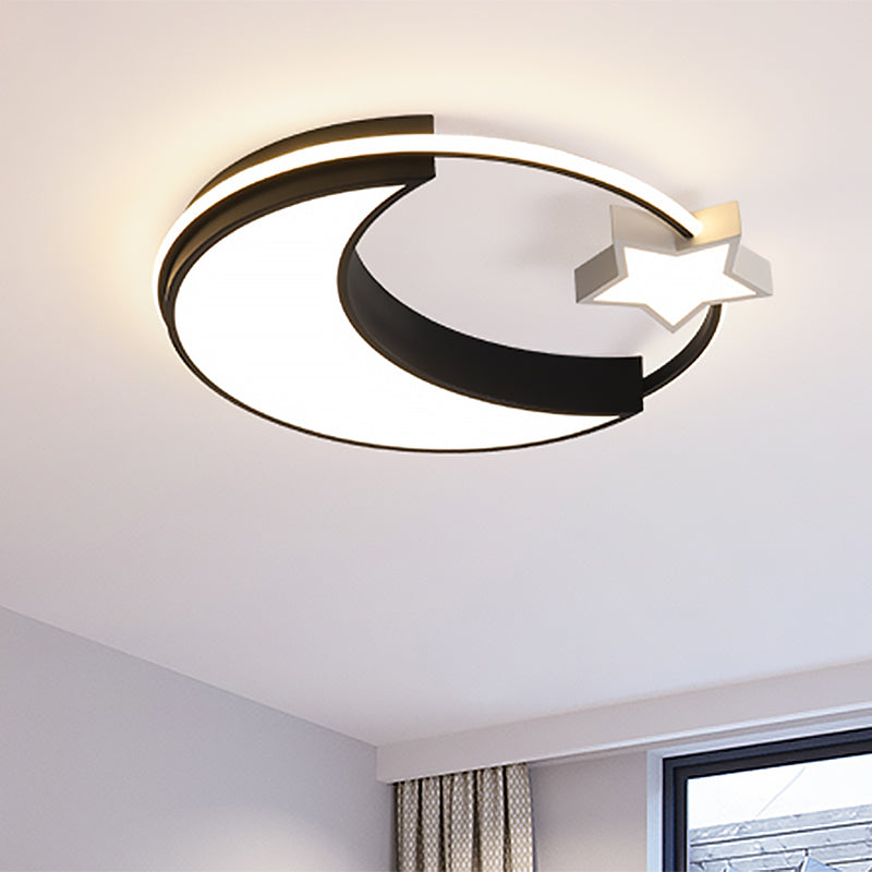 Kids Moon and Star Flush Mount Fixture Acrylic LED Bedroom Ceiling Mounted Light in Gold/Black and White
