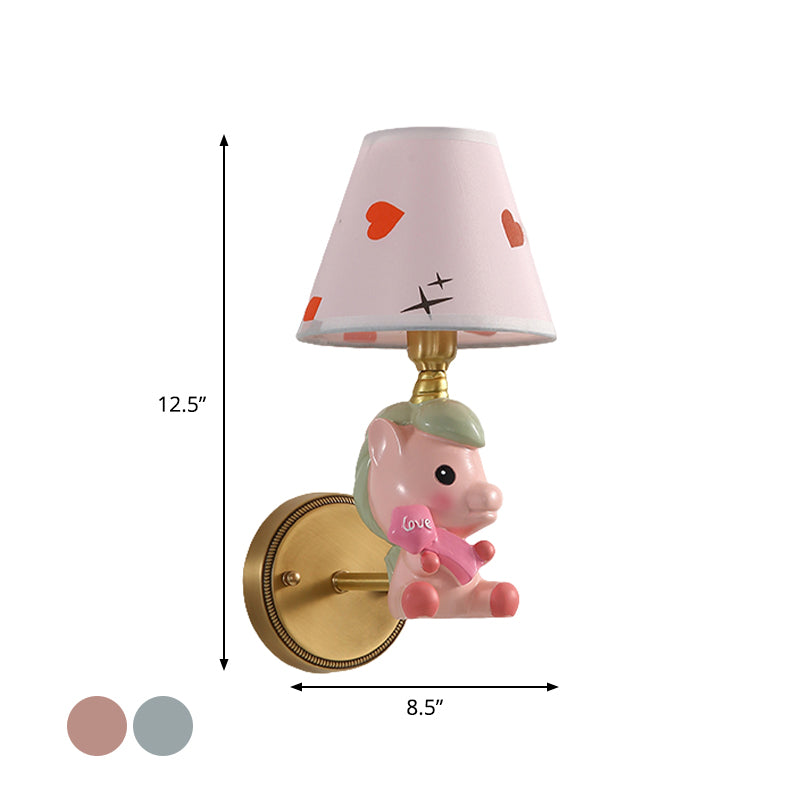 Barrel Metal Sconce Kids Single Light Pink/Blue Wall Mounted Light Fixture with Cartoon Pony Base