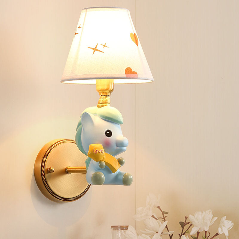 Barrel Metal Sconce Kids Single Light Pink/Blue Wall Mounted Light Fixture with Cartoon Pony Base