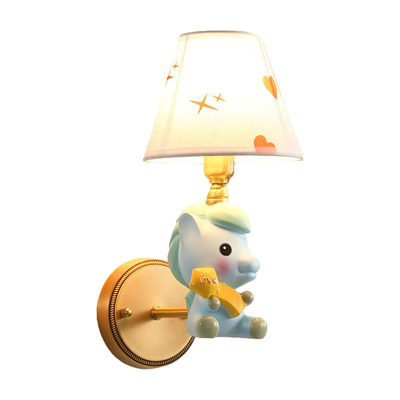 Barrel Metal Sconce Kids Single Light Pink/Blue Wall Mounted Light Fixture with Cartoon Pony Base