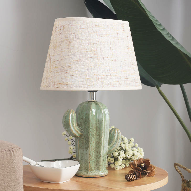 Porcelain Cactus Shape Table Light Contemporary 1 Head Green Nightstand Lamp with Fabric Shade for Bedside
