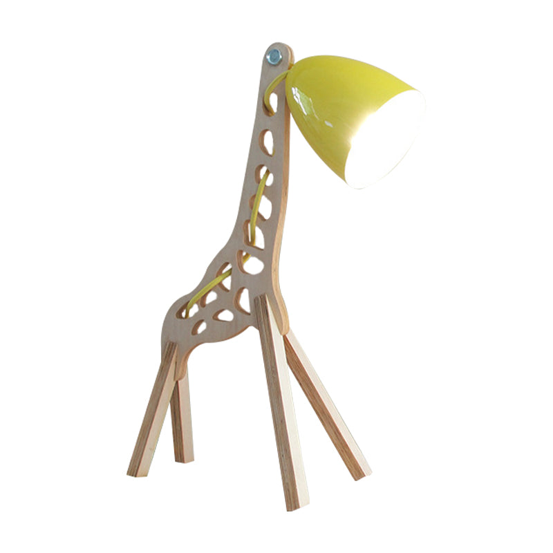 Cartoon Bell Night Light Metal 1-Light Bedroom Table Lamp in Blue/Red/Green with Standing Giraffe Wood Base